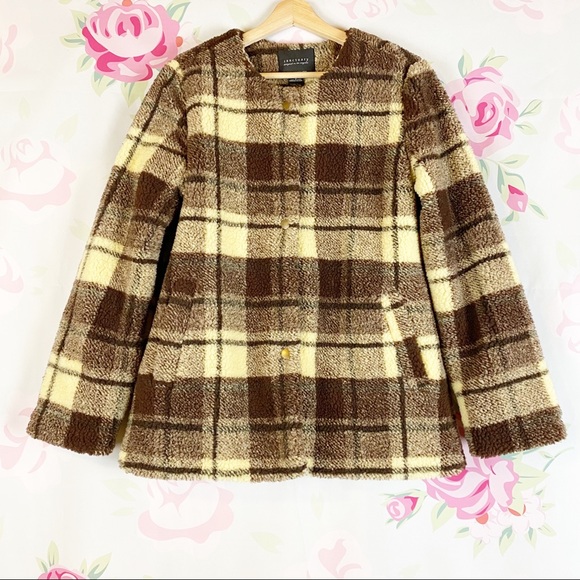 NEW Sanctuary Brown Plaid Snap Sherpa Teddy Coat M - Picture 1 of 10